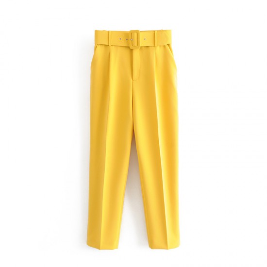 Women's New EU-US Style Slim-Fit High-Waist Casual Pants with Belt - Yellow Cropped Trousers