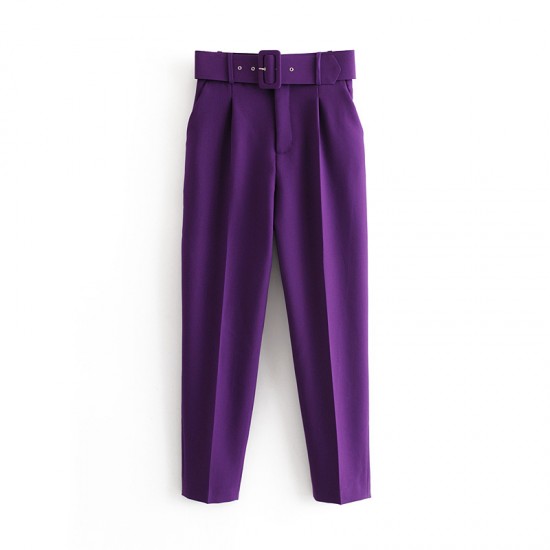 Women's New EU-US Style Slim-Fit High-Waist Casual Pants with Belt - Yellow Cropped Trousers