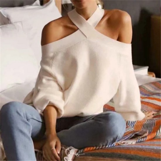 Women's Autumn Winter EU-US Ins Style Off-Shoulder Sexy Loose Pullover Knit Sweater