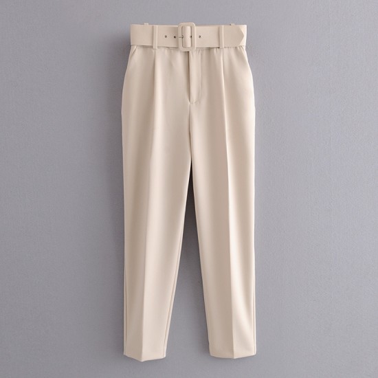 Women's New EU-US Style Slim-Fit High-Waist Casual Pants with Belt - Yellow Cropped Trousers
