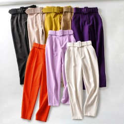Women's New EU-US Style Slim-Fit High-Waist Casual Pants with Belt - Yellow Cropped Trousers