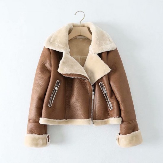 Y2K New Spring Autumn Women's EU-US Street Style Casual Short Fur Lined Leather Jacket
