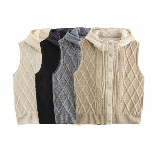 New Winter Women's EU-US Retro Cable Knit Quilted Patchwork Hooded Cardigan Vest