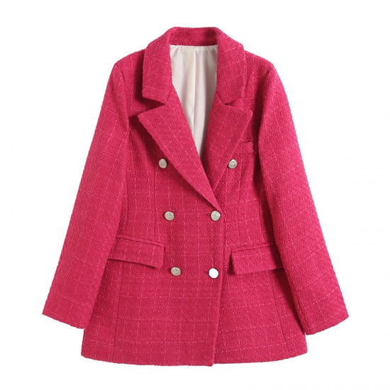 American Women's 4-Color Textured Double-Breasted Mid-Length Blazer - Versatile New Autumn Style
