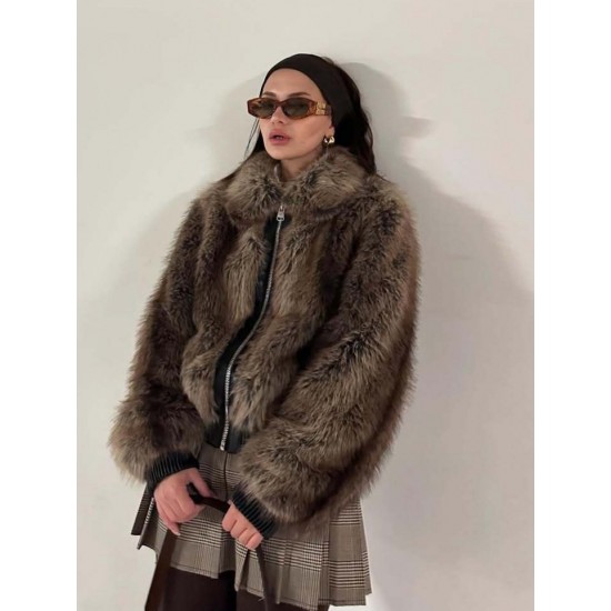 Women's Winter EU-US Style Lapel Long Sleeve Faux Fur Patchwork Jacket