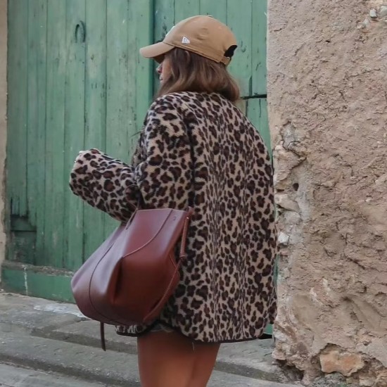 Women's Autumn Winter American Leopard Print Casual Loose Long Sleeve Jacket