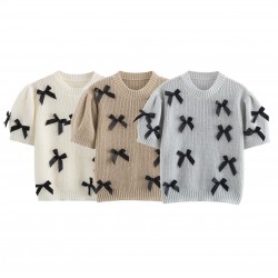 Autumn Women's EU-US Crew Neck Bow-Detail Slim Short Solid Color Sweater