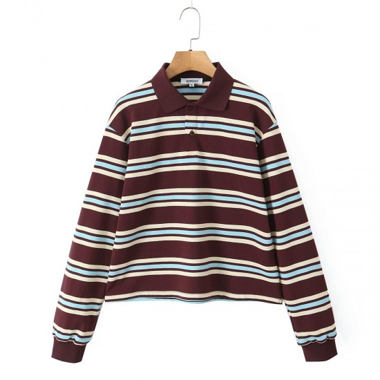 New Spring Autumn EU-US Fashion Retro Two-Tone Polo Collar Long Sleeve T-Shirt