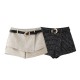 EU-US Fashion Metal Button Crew Neck Crop Vest + Belted Textured A-Line Shorts Set