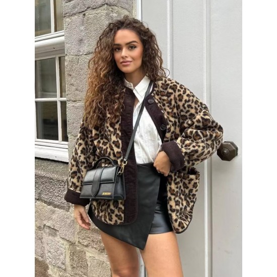Women's Autumn Winter American Leopard Print Casual Loose Long Sleeve Jacket
