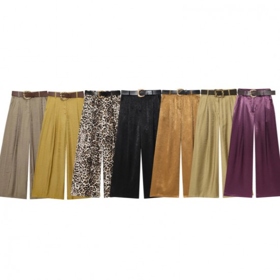 Women's 2026 Spring Summer EU-US Style Fashion Versatile Belted Satin Texture Wide-Leg Pants