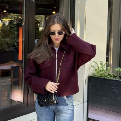 Autumn Fashion Women's Wine Red Big Pocket Zipper Wool Blend Jacket