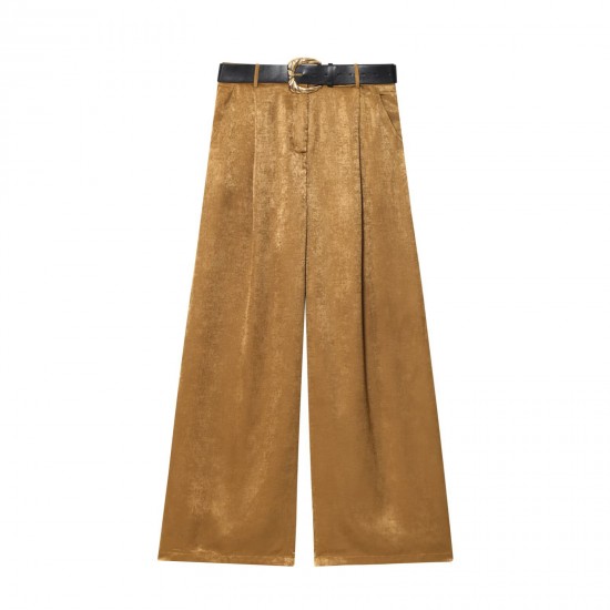 Women's 2026 Spring Summer EU-US Style Fashion Versatile Belted Satin Texture Wide-Leg Pants