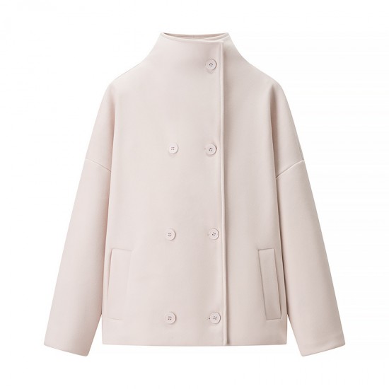 Women's Autumn Winter EU-US Style Stand Collar Double-Breasted Solid Color Wool Blend Coat