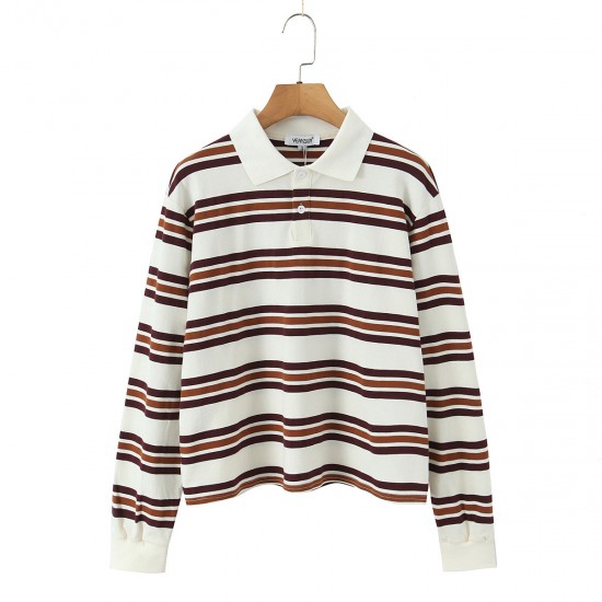 New Spring Autumn EU-US Fashion Retro Two-Tone Polo Collar Long Sleeve T-Shirt