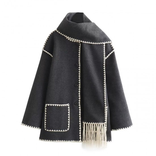 Women's New Autumn Winter Solid Color Fashion Chanel-Style Scarf-Detail Wool Blend Jacket