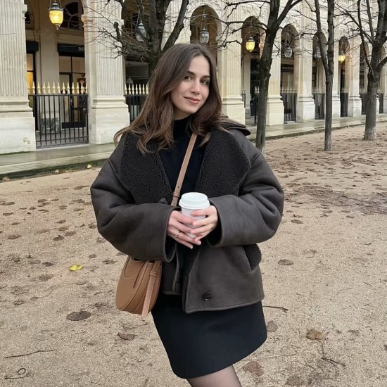 Women's New Spring Autumn Casual Reversible Lapel Fur Lined Leather Jacket