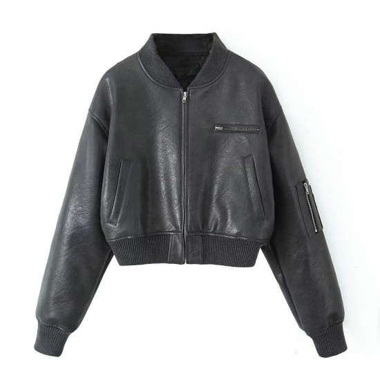 American Retro Zipper Jacket - Women's New Winter Padded Warm Loose Long Sleeve PU Leather Coat