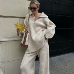 Women's New Autumn Slouchy Loose Big Lapel Knitwear + High-Waist Pants Set