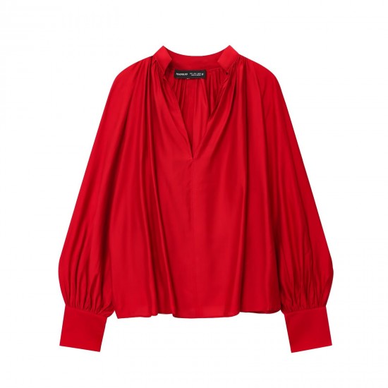 Women's 2026 Spring EU-US Style V-Neck Long Sleeve Solid Color Blouse