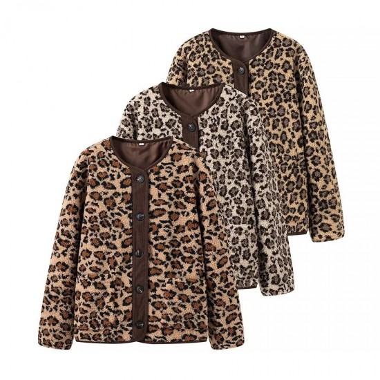 Women's Autumn Winter American Leopard Print Casual Loose Long Sleeve Jacket