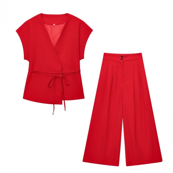 Women's Summer EU-US Style V-Neck Tie Top + Pleated Pants Set