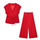 Women's Summer EU-US Style V-Neck Tie Top + Pleated Pants Set