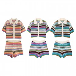 New EU-US Spring Crochet Polo Collar Knit Top + Shorts Set