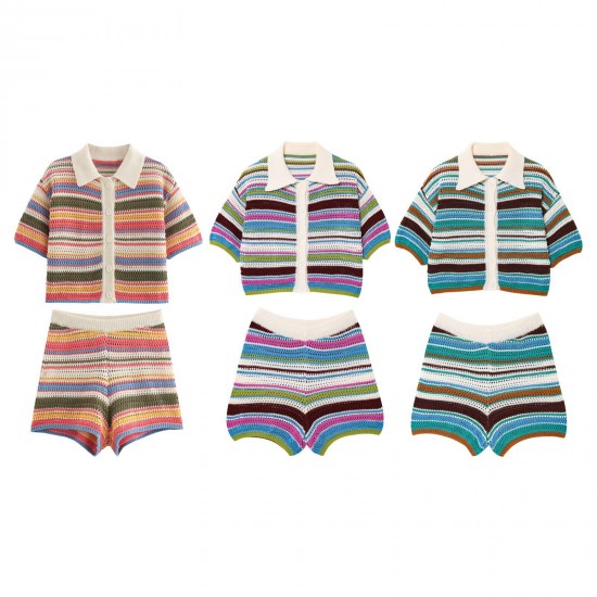 New EU-US Spring Crochet Polo Collar Knit Top + Shorts Set