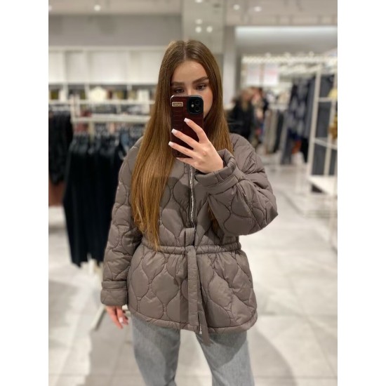 Women's Autumn Winter EU-US Style Crew Neck Long Sleeve Drawstring Waist Padded Coat