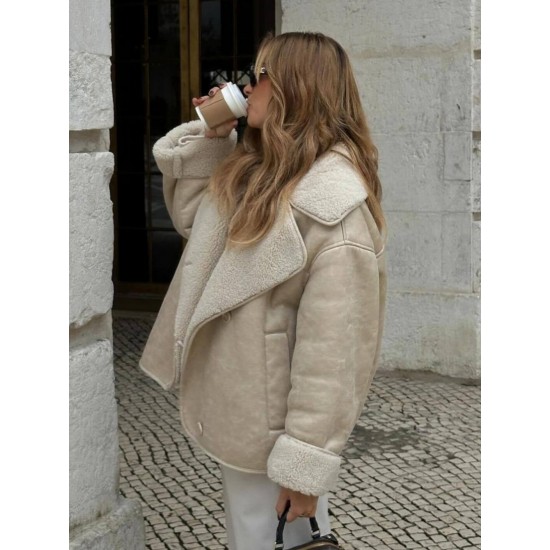 New Autumn Winter EU-US Style Lapel Fur Lined Suede Fleece Lined Warm Jacket for Women