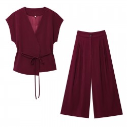 Women's Summer EU-US Style V-Neck Tie Top + Pleated Pants Set