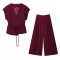 Women's Summer EU-US Style V-Neck Tie Top + Pleated Pants Set