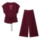 Women's Summer EU-US Style V-Neck Tie Top + Pleated Pants Set