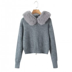 Women's Autumn Winter EU-US Style Faux Fur Collar Hooded Long Sleeve Zipper Knit Sweater Cardigan