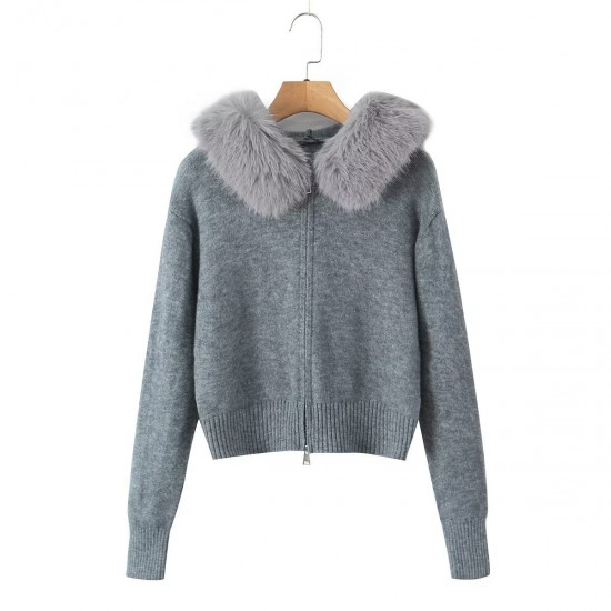 Women's Autumn Winter EU-US Style Faux Fur Collar Hooded Long Sleeve Zipper Knit Sweater Cardigan