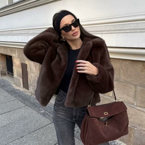 New Winter EU-US Fashion Faux Fur Effect Lapel Long Sleeve Wool Blend Coat