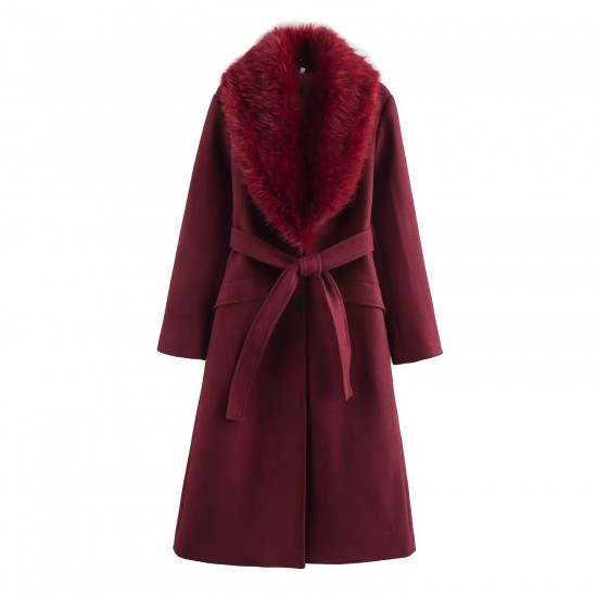 New Spring Autumn EU-US Fashion Belted Faux Fur Collar Long Sleeve Wool Coat