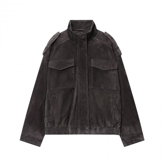 Women's Autumn EU-US Style Stand Collar Long Sleeve Suede Texture Baseball Jacket