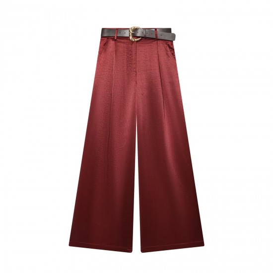 Women's 2026 Spring Summer EU-US Style Fashion Versatile Belted Satin Texture Wide-Leg Pants