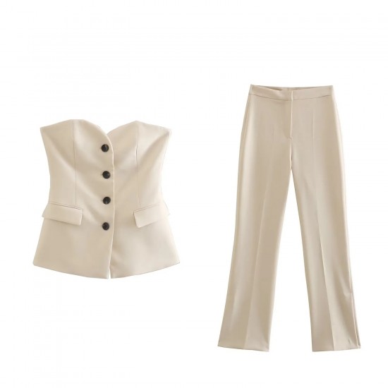 Y2K New Women's EU-US Style Flap-Detail Corset Vest + Split-Hem Straight Pants