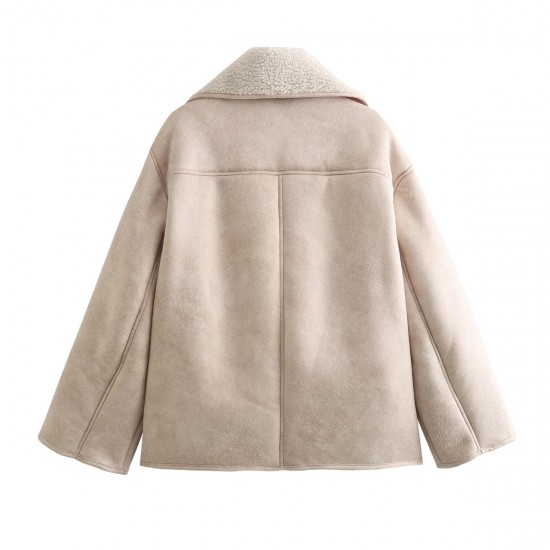 New Autumn Winter EU-US Style Lapel Fur Lined Suede Fleece Lined Warm Jacket for Women