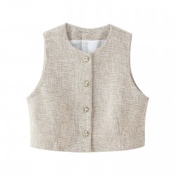 EU-US Fashion Metal Button Crew Neck Crop Vest + Belted Textured A-Line Shorts Set