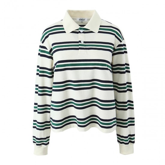 New Spring Autumn EU-US Fashion Retro Two-Tone Polo Collar Long Sleeve T-Shirt
