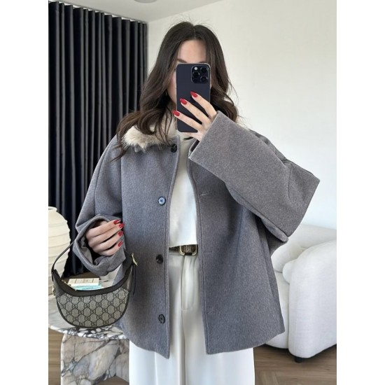 Women's Autumn Winter EU-US Style Detachable Faux Fur Collar Wool Blend Jacket