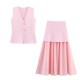 Women's New Summer EU-US Style V-Neck Gold Button Knit Vest + Pleated Skirt Set