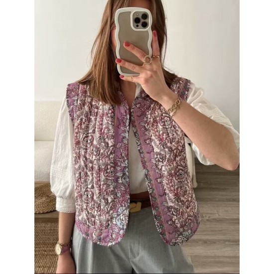 Women's New Autumn Winter EU-US Style Street Fashion Printed Padded Vest Gilet