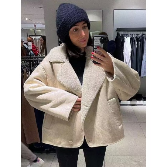 New Autumn Winter EU-US Style Lapel Fur Lined Suede Fleece Lined Warm Jacket for Women