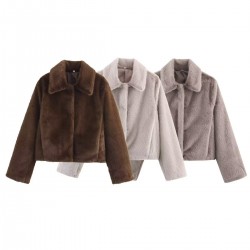 New Winter EU-US Fashion Faux Fur Effect Lapel Long Sleeve Wool Blend Coat