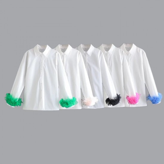 New Women's EU-US Style Long Sleeve Lapel Blouse with Feather Cuff Detail